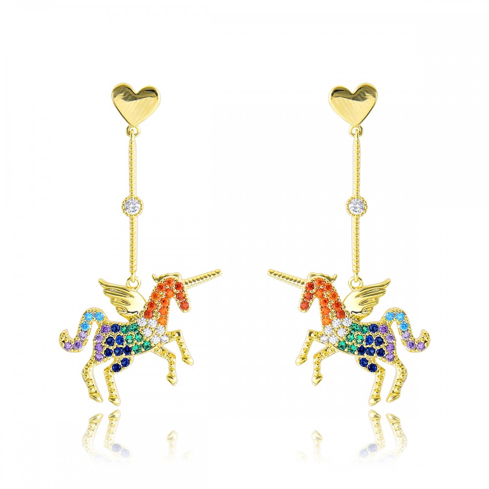 Image of Arannyal bevont egyszarvú fülbevaló színes CZ kristályokkal (0609.)