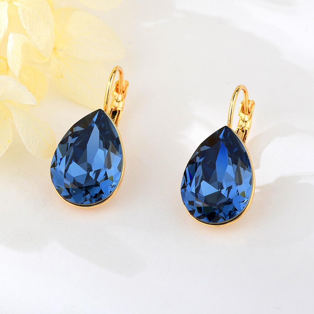 Image of Arannyal bevont csepp fülbevaló sötétkék Swarovski kristállyal (0174.)