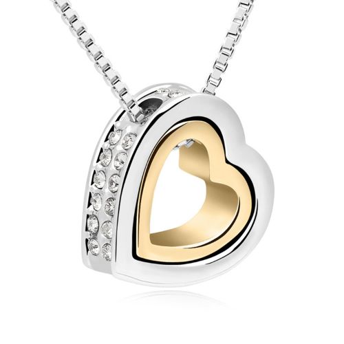 Image of Ródium-arany bevonatú dupla szív nyaklánc egyedi kristályokkal (1223.)