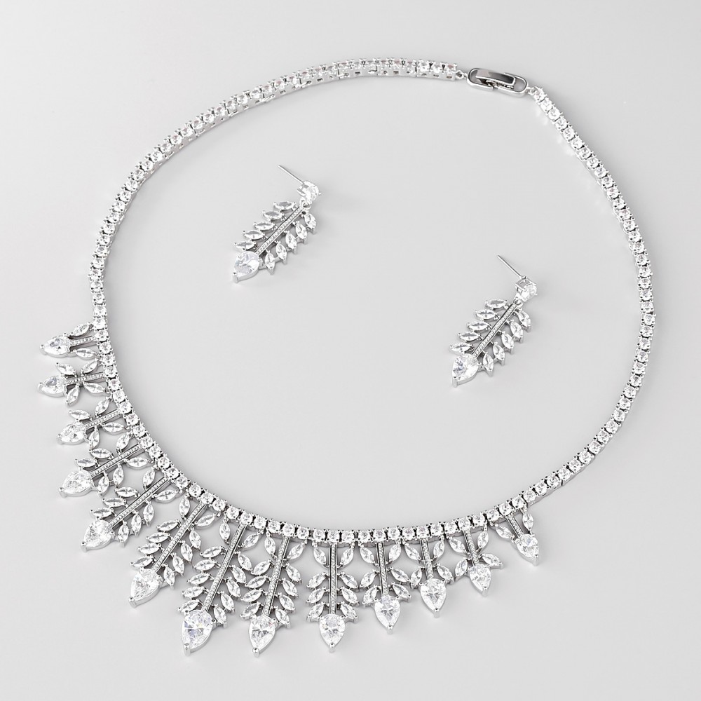 Image of Esküvői/alkalmi luxus ékszerszett levél alakú CZ kristályokkal, platina bevonattal (0758.)