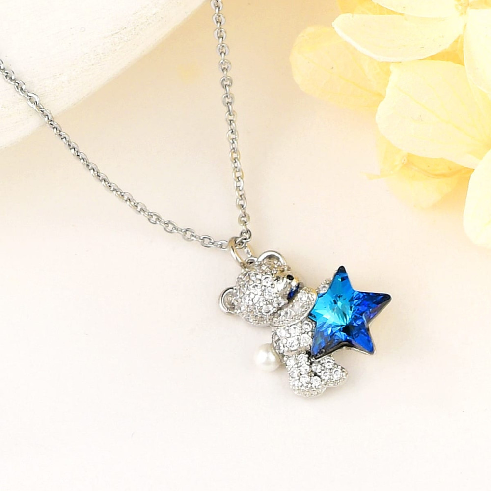 Image of Platinával bevont maci +csillag nyaklánc óceánkék Swarovski kristállyal (0335.)