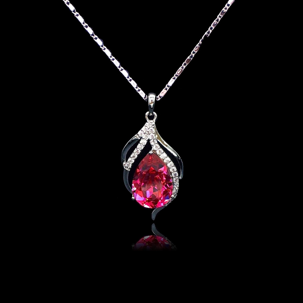 Image of Platinával bevont esőcsepp nyaklánc rózsaszínű Swarovski kristállyal (0254.)