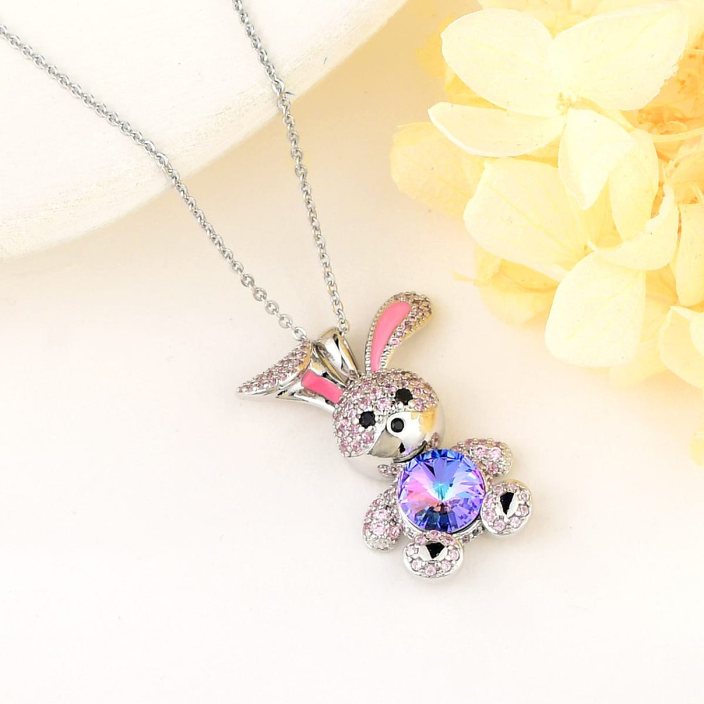 Image of Platinával bevont nyuszi nyaklánc színjátszó kék-lila Swarovski kristállyal (0393.)