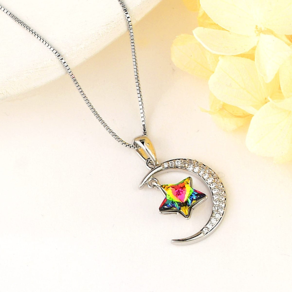 Image of Platinával bevont hold+csillag nyaklánc színjátszó Swarovski kristállyal (0404.)
