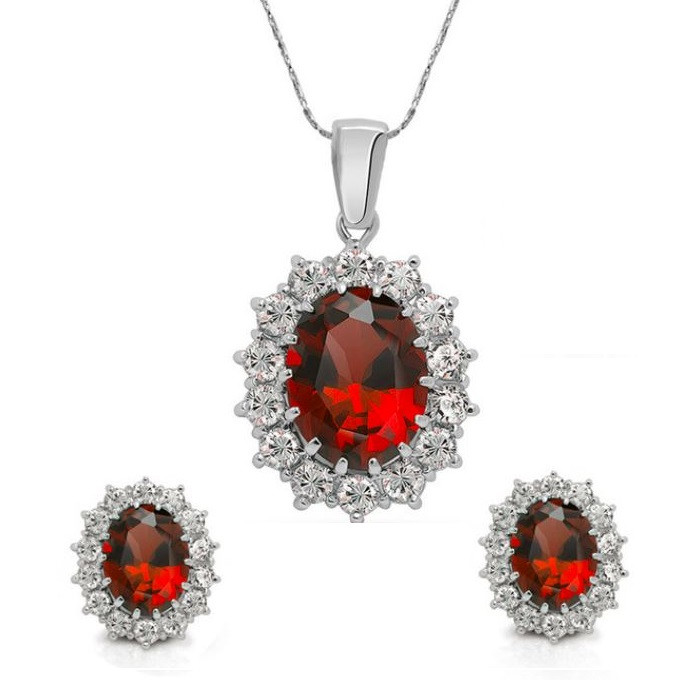 Image of Ezüst színű ékszerszett piros és áttetsző kristályokkal (0278.)