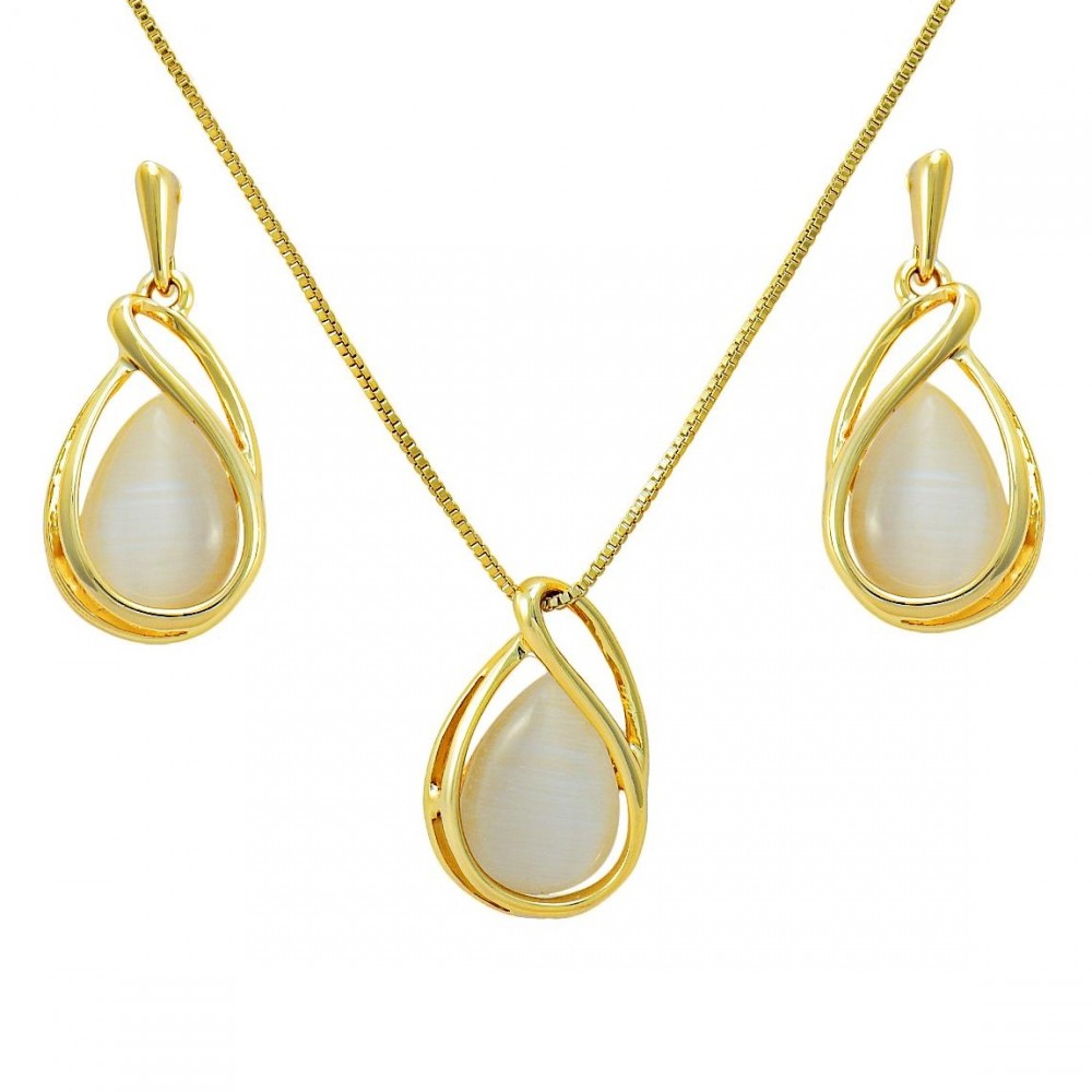 Image of Arannyal bevont csepp ékszerszett macskaszem opálokkal (0632.)