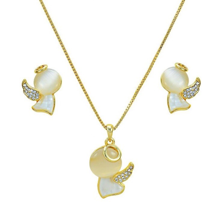 Image of Arannyal bevont angyal ékszerszett macskaszem opálokkal, ausztriai kristályokkal (0268.)