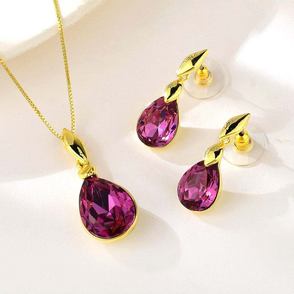 Image of Arannyal bevont csepp ékszerszett püspöklila színű kristályokkal (0461.)