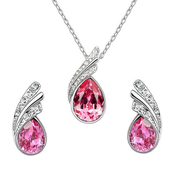 Image of Fehérarannyal bevont esőcsepp ékszerszett rózsaszín ausztriai kristályokkal (0014.)